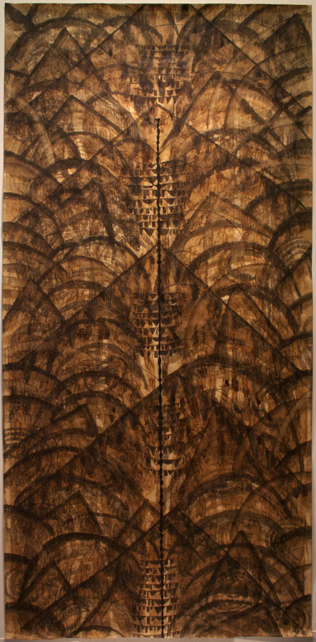 Alejandro Aguilera, Black Drawing (Brancusi), 1998, 101 1/4 x 48 inches, coffee, ink & crayon on paper