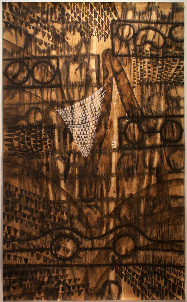 Alejandro Aguilera, Black Drawing (Stocks), 1998, coffee, ink & crayon on paper, 78 1/2 x 48 inches