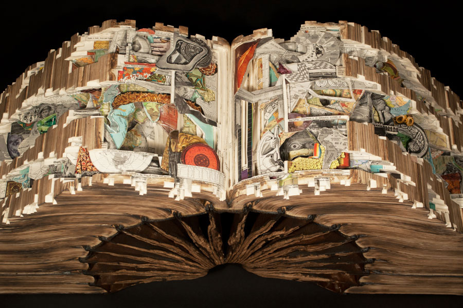 Brian Dettmer, Knowledge in Depth, 2013, Hardcover books, acrylic varnish, 16-1/4 x 34-1/2 x 11 inches